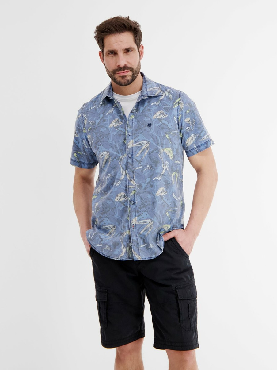 Heren LERROS | Shirt Met Korte Mouwen En All-Over Bloemenprint True Blue