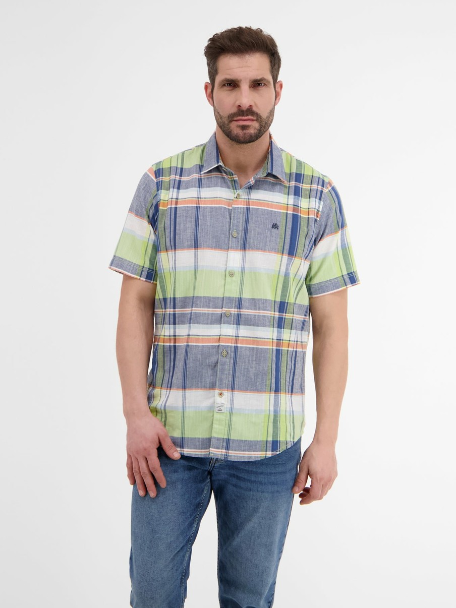 Heren LERROS | Shirt Met Korte Mouwen In Mix-Ruit Lime Green